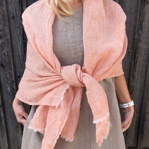 Large Linen Shawl, Salmon Pink Linen Shawl, Womens Shawl, Linen Wraps Shawl,  Gift, Oversized shawl Womens Linen