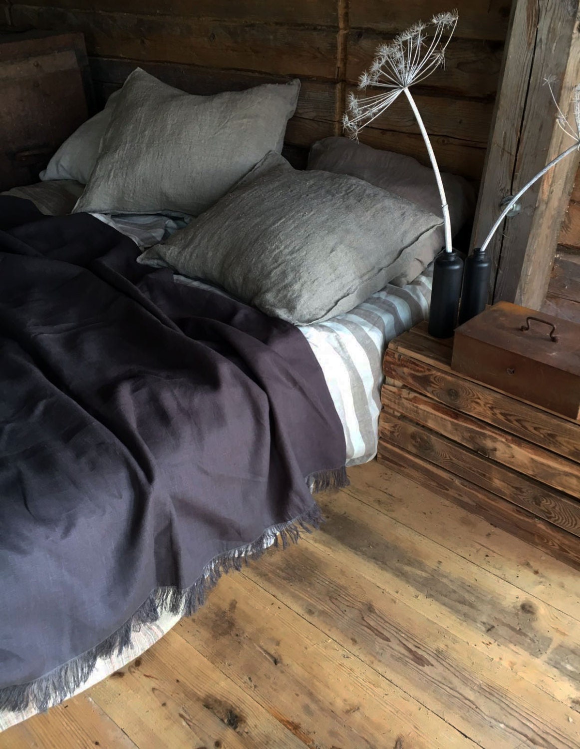 Dark Grey Linen Throw, Light Linen Blanket, Light Throw Charcoal Grey