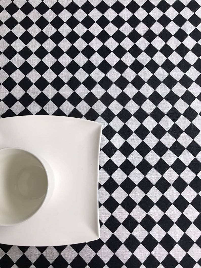 Black and White Checkered Tablecloth Linen Tablecloth Retro Etsy