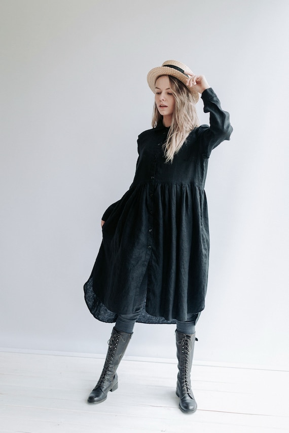 cute summer linen dresses Puff linen Dress Summer Casual Midi Women Linen Dresses Pleated Dress –  SimpleLinenLife main image 0