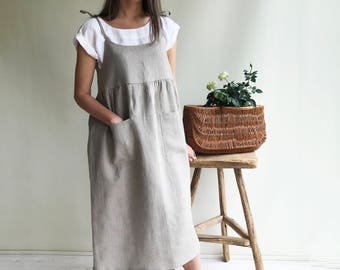 Natural Linen Strap Dress, Womens Sundress, Linen Jumper Dress, Plus Size Dress