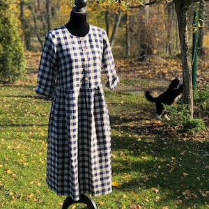 Buttoned Linen Dress &#39;Carol&#39; with 3/4 Sleeves, Midi length Dress, Long Womens Dress, Maternity dress, Custom Made also Plus Size Dress