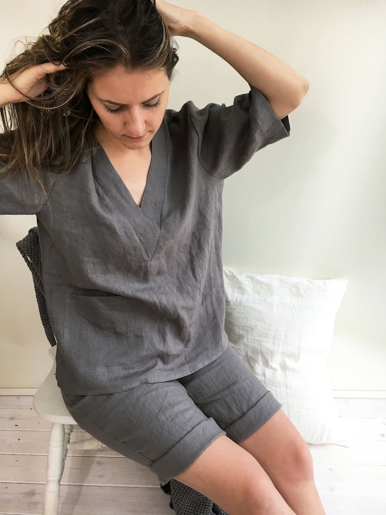 Womens pajamas, linen sleepwear, linen pajama set, pyjama linen, linen shorts women, linen lounge wear, linen womens sleepwear, linen night image 2