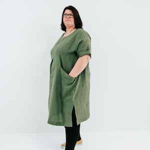 Robe en lin oversize, robe en lin pour femme, tenues d'intérieur en lin, robe à manches courtes, vêtements grande taille, robe tunique en lin avec poches image 6