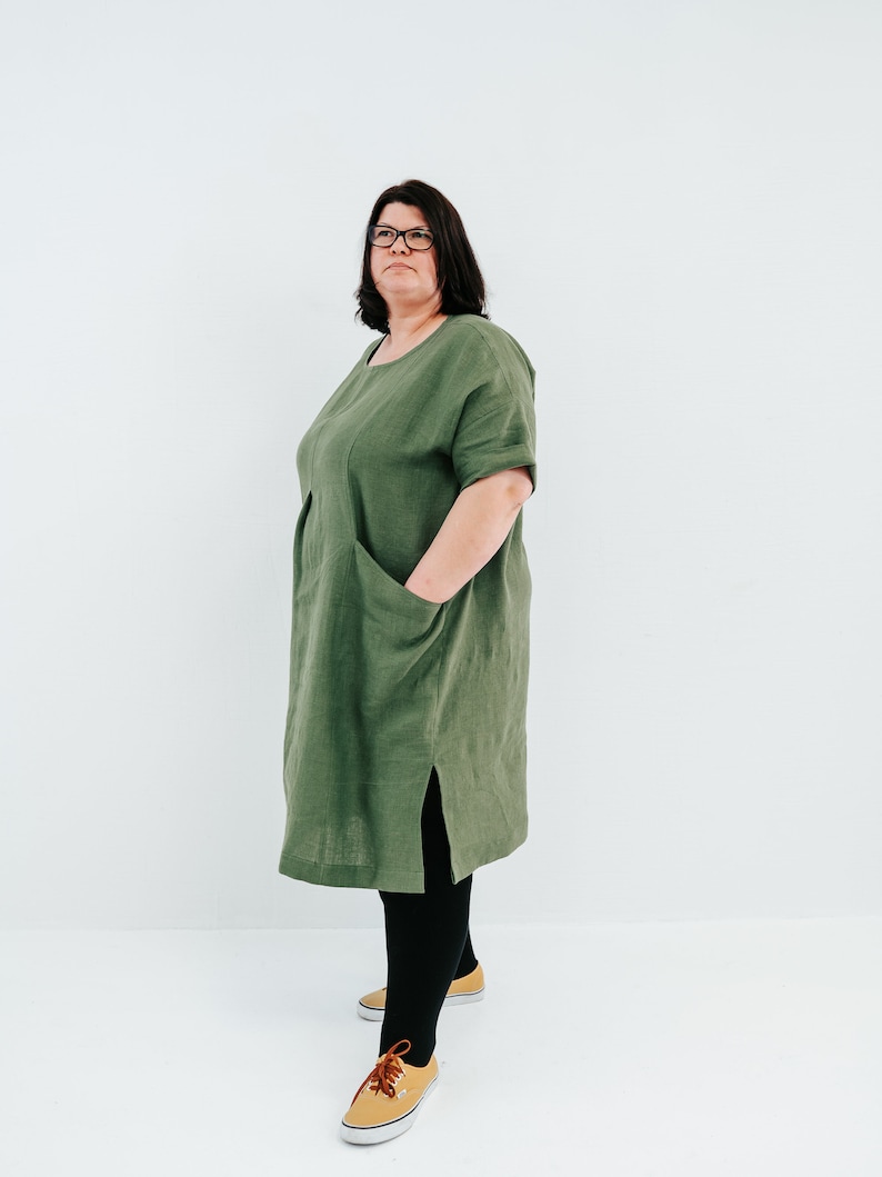 Robe en lin oversize, robe en lin pour femme, tenues d'intérieur en lin, robe à manches courtes, vêtements grande taille, robe tunique en lin avec poches image 6