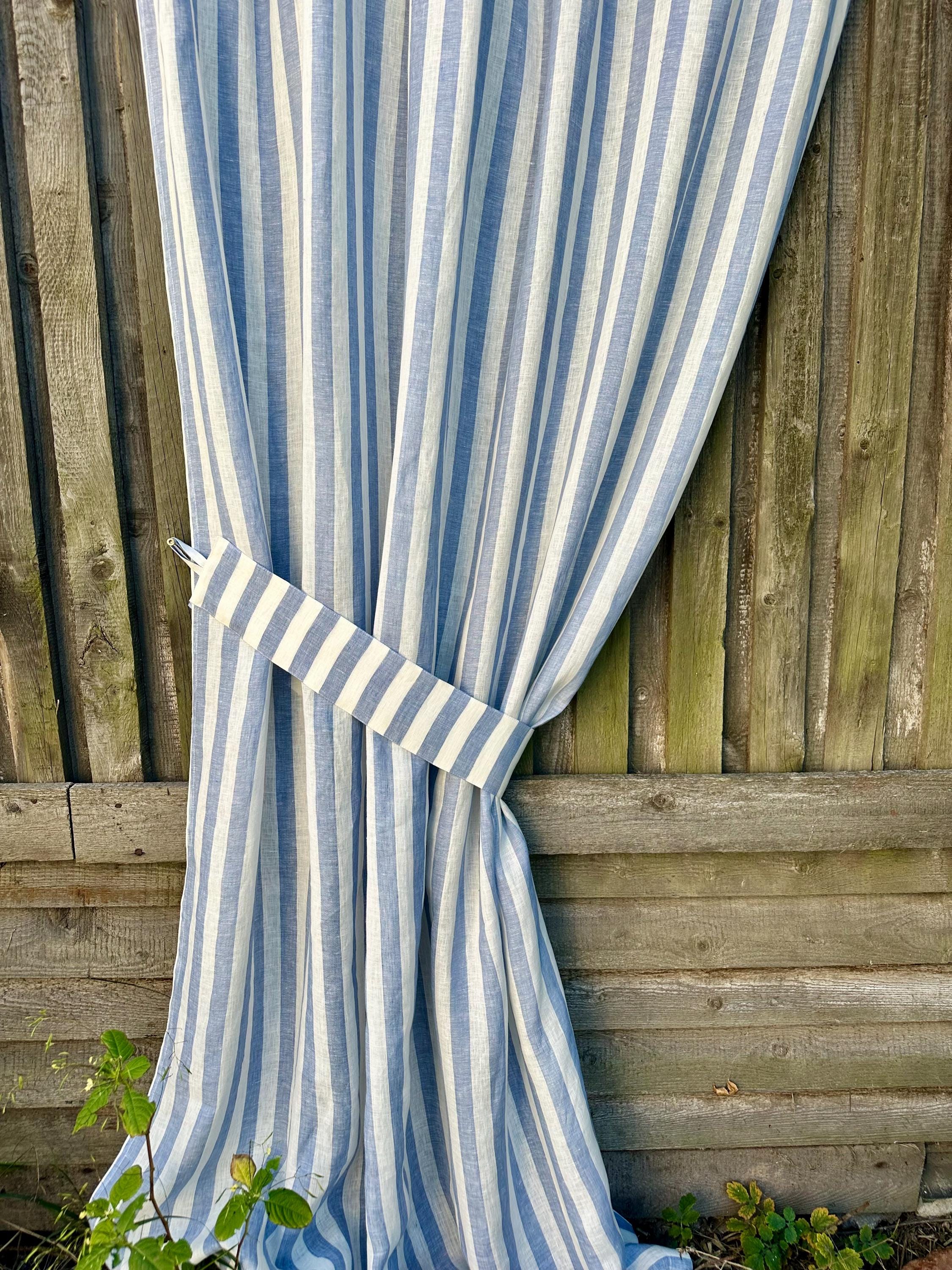 Blaue Streifenvorhänge – Halbtransparent, 228 Cm Lang, Ösen, Bauernhaus-Stil