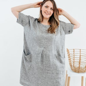 Robe en lin oversize, robe en lin pour femme, tenues d'intérieur en lin, robe à manches courtes, vêtements grande taille, robe tunique en lin avec poches image 4