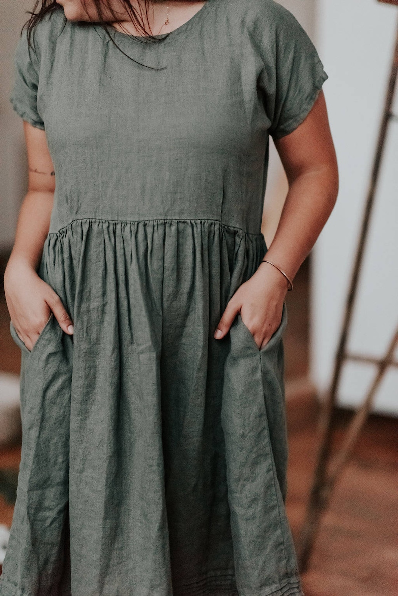 Linen Dress in Green, Midi dress, Dress with sleeves, Dress Woman, Summer Dress, Bridesmaid Dress, Linen Dresses for Women, Romantic dress image 3