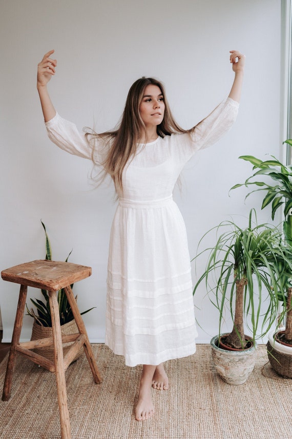 White Linen Wedding Dress, Gauze Linen Dress 'Cecilia', Boho Midi Dress Linenbee
