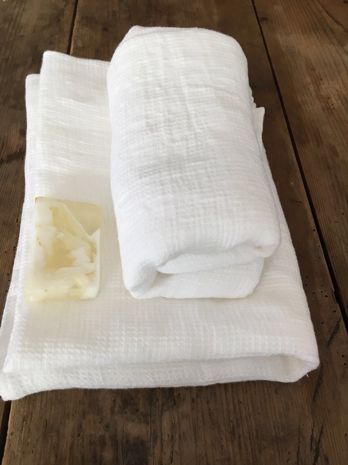 White Linen Towels, waffle towels, Set of waffle bath towels with two