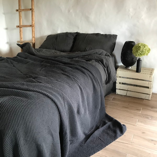 Dunkelgraue Decke, Leinen und Baumwolle Mischdecke, Voluminöser Leinen Überwurf, Natur Decke, Leinen Decke, Dark Daybed Decke Schwarz