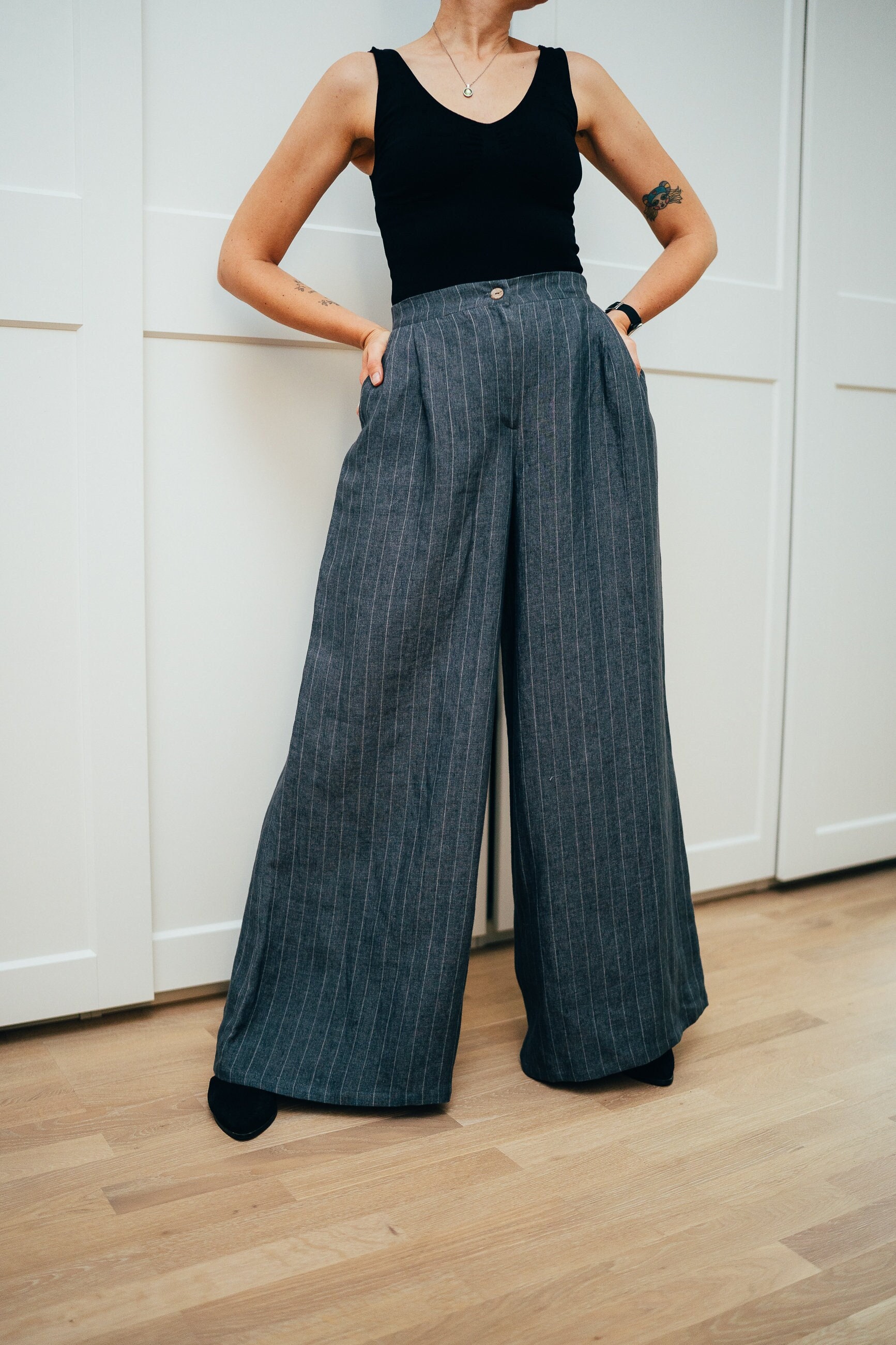 Black Linen Pants Outfit Summer Casual Street Styles, Women's Wide Leg Linen  Pants With Pockets, Long Linen Palazzo Pants 0873 