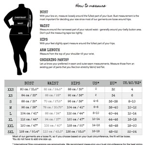 May include: Size chart for women's clothing with measurements in inches and centimeters. The chart includes bust, waist, hips, US size, EU size, and UK/AU/NZ size. The chart is for ordering pants and includes instructions on how to measure.