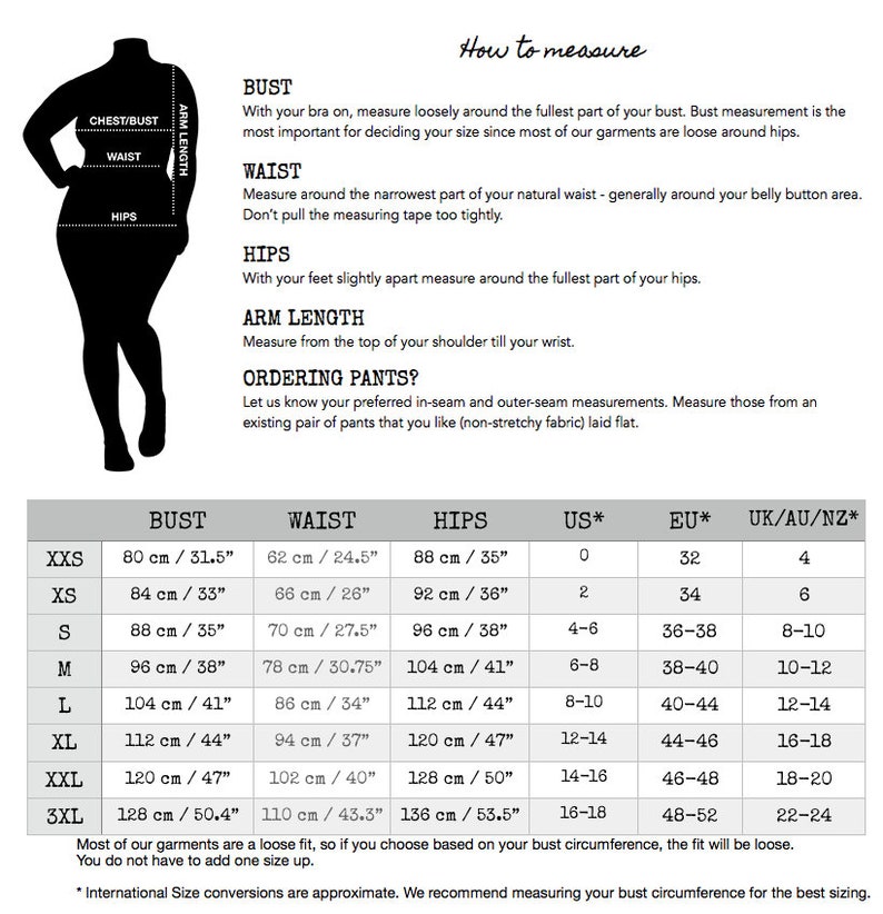 May include: Size chart for women's clothing with measurements in inches and centimeters. The chart includes bust, waist, hips, US size, EU size, and UK/AU/NZ size. The chart is for ordering pants and includes instructions on how to measure.
