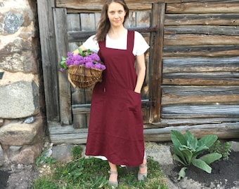 Linen Pinafore Apron, Japanese Apron, Long Linen Apron, Kitchen Apron, Crafts Apron, Womens Apron, Vintage, Handmade, Cross over apron