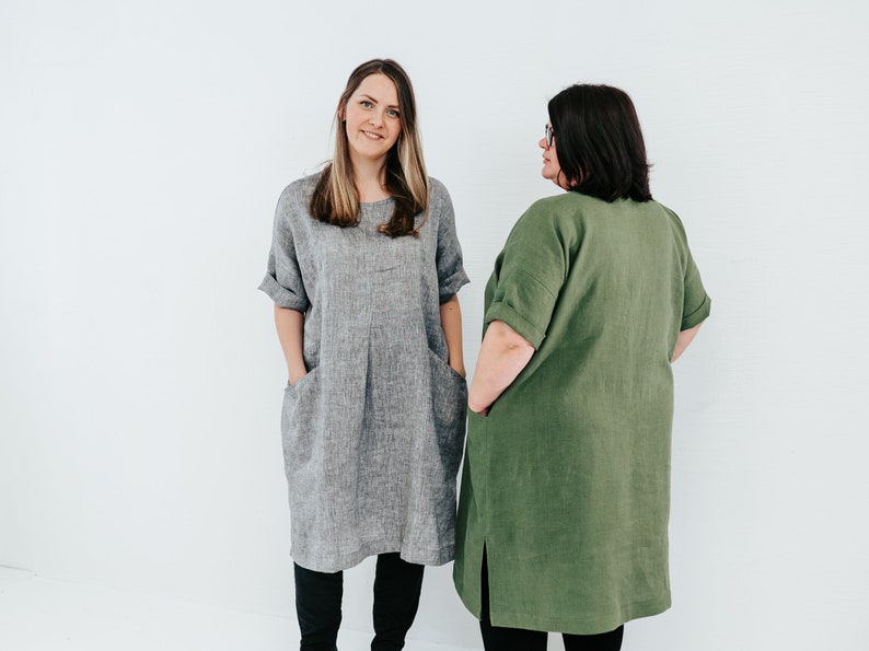 Robe en lin oversize, robe en lin pour femme, tenues d'intérieur en lin, robe à manches courtes, vêtements grande taille, robe tunique en lin avec poches image 3