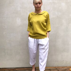 Cute Linen Blouse with Peter Pan collar, Linen Shirt Women, Linen T Shirt, Linen Tee, Plus size shirt, Linen Blouse, Cute Top, Green Blouse image 6