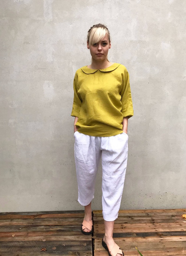 Cute Linen Blouse with Peter Pan collar, Linen Shirt Women, Linen T Shirt, Linen Tee, Plus size shirt, Linen Blouse, Cute Top, Green Blouse image 6