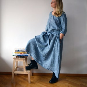 Linen Maxi Dress With Long Sleeves, Blue Dress, Linen Dress, Plus Size ...