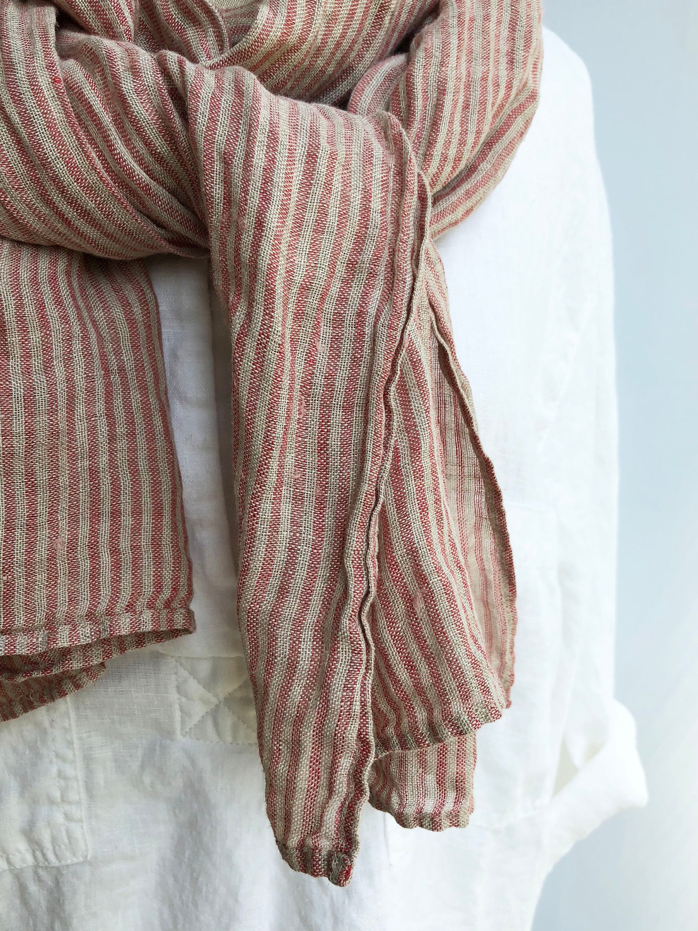 Striped Gauzy Linen Scarf, Soft Grey and Red Striped Linen Scarf, Gauze