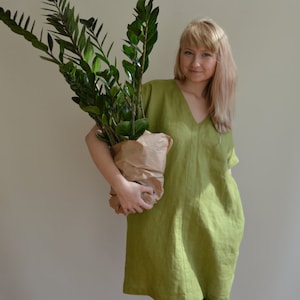 Linen Tunic Dress, Green Tunic, womens tunic, plus size tunic, linen tunics for women, linen dress with sleeves, linen dress chartreuse