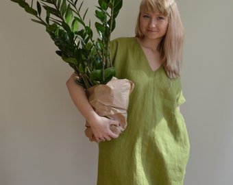 Linen Tunic Dress, Green Tunic, womens tunic, plus size tunic, linen tunics for women, linen dress with sleeves, linen dress chartreuse