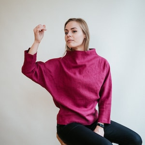 Batwing Top with Raised neck, Linen Top, Loose Linen Tunic, Linen blouse, Plus size top, shirt with 3/4 sleeves Linenbees