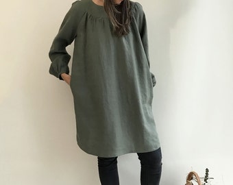 Loose Linen Tunic with Beautiful Shirring, Womens Tunic, Plus Size Clothing, Linen Tunic Dress, Womens Tunic, Plus size Tunic, Green Tunic