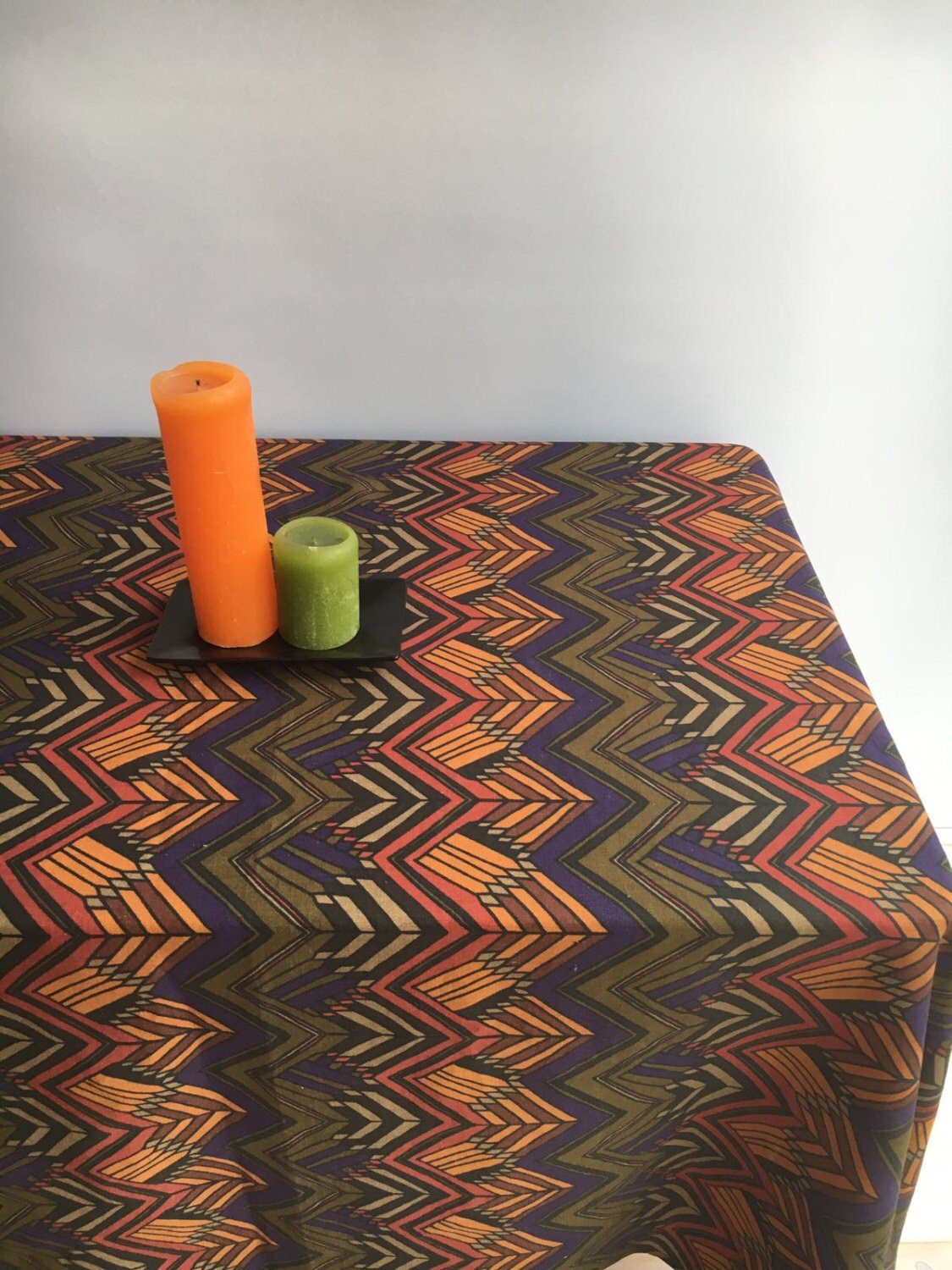 Vintage Inspired Tablecloth, Retro Linen Table Cloth, Autumn Tablecloth 1960s Geometric