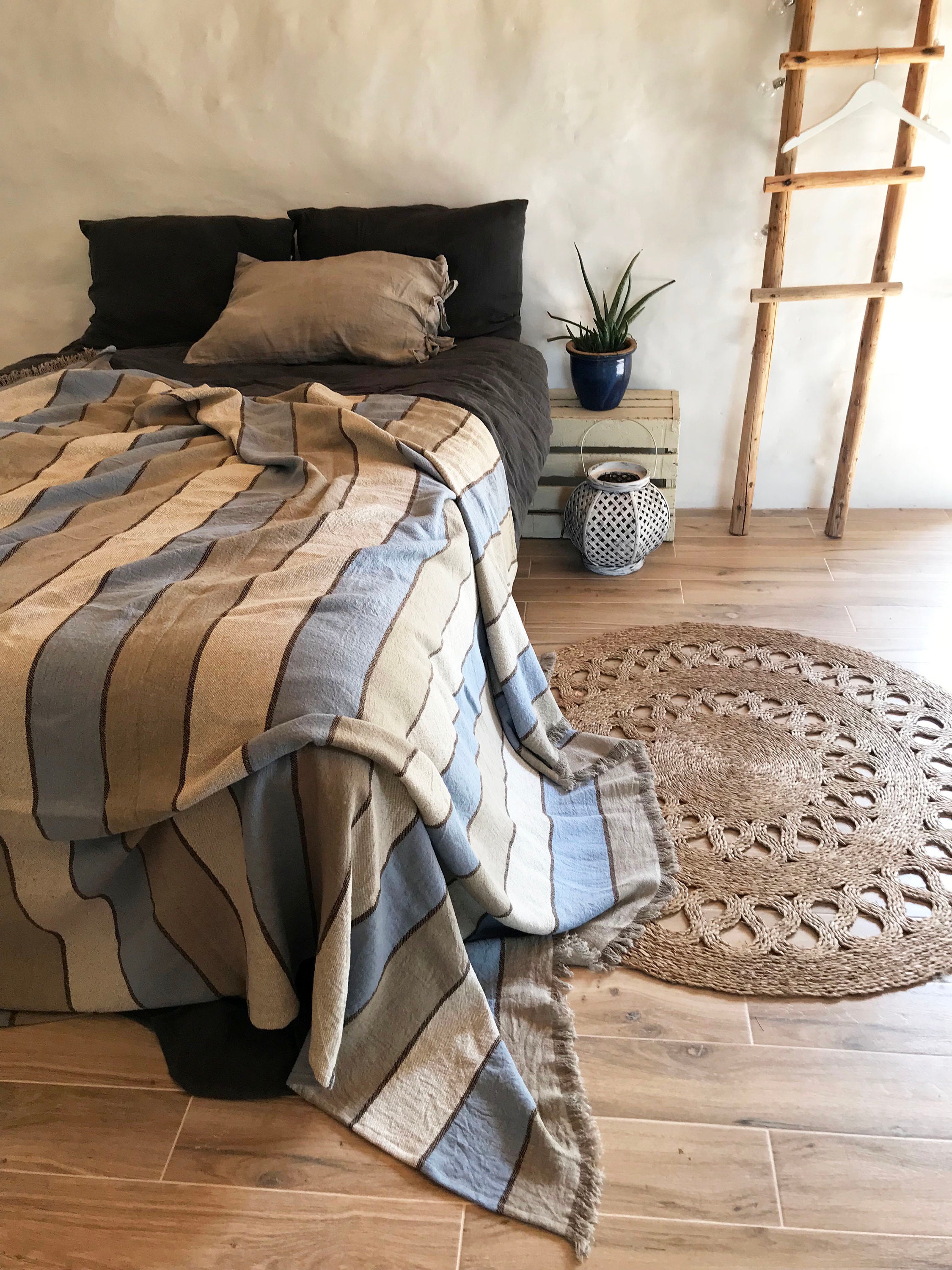 King Size Throw, Striped Linen Bed Cover, Natural Linen Cover, Textured
