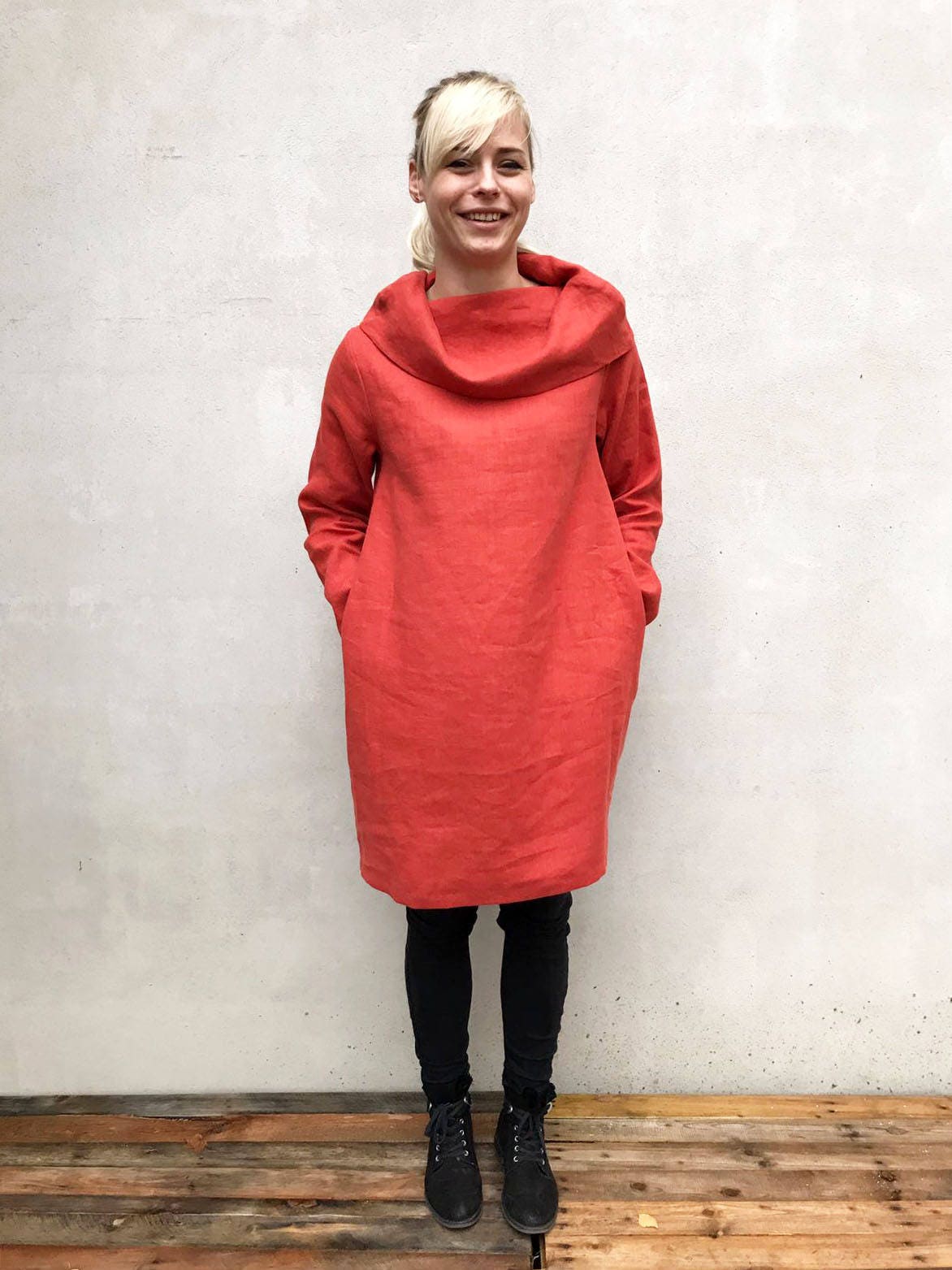 Linen Tunic Dress with Raised Neck, Womens Dress, Linen Dress, Long