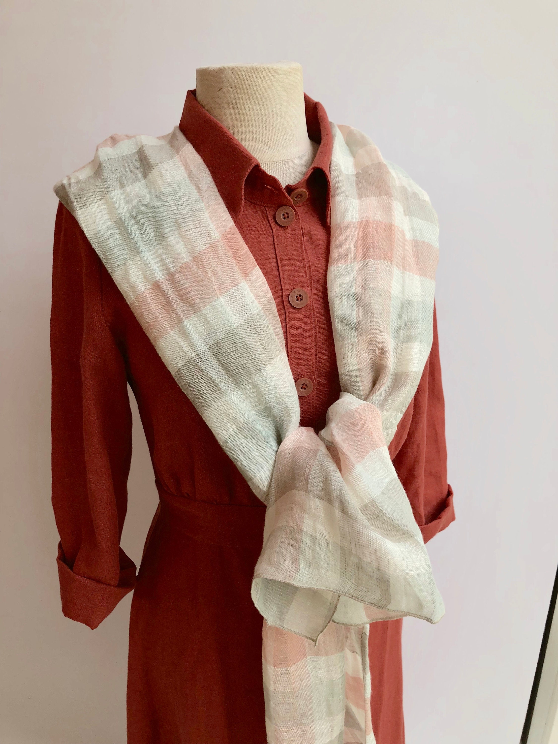 Gauzy Checkered Linen Scarf, Feminine Linen Scarf, Gauze Scarf for Her, Pure Linen Scarf, Women