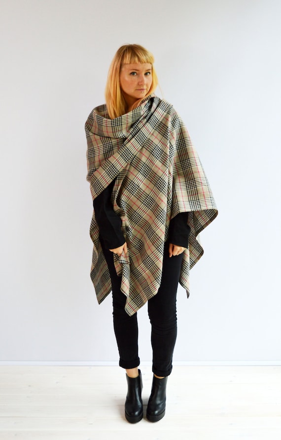 Ruana Wrap from Linen, Plaid Cape, Wrap Poncho, Classic Ruana Shawl, Tartan Wrap Shawl, Brown Wrap, Wrap Cape, Womens Poncho, Plaid Cape
