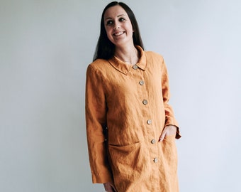 Veste en lin avec smocks « Kim - Long », long chiffon en lin, veste femme, manteaux en lin, blazer veste en lin pour femme, blouse en lin