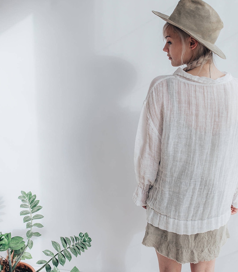White Gauze Top with Ruffled Cuffs Linen Blouses For Women Etsy