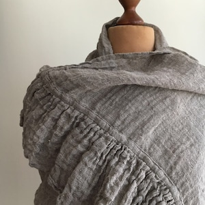 Linen Scarf With Ruffle, Wraps Shawl, Womens Shawl, Linen Shawl, Extra long scarf, Pure linen wraps shawl, Rustic scarf, shawl with ruffle image 1