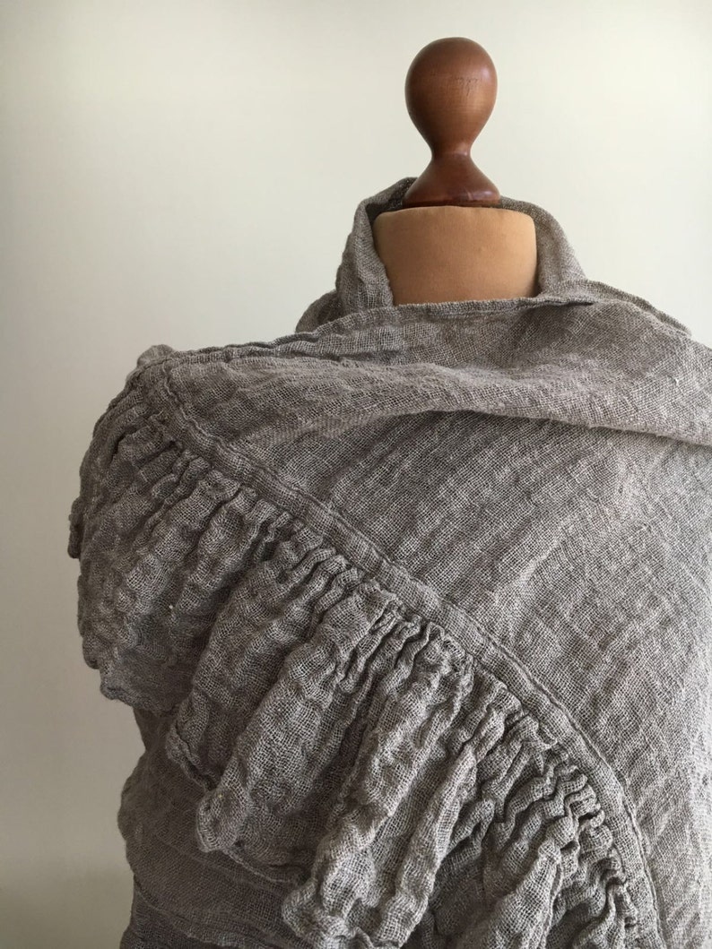 Linen Scarf With Ruffle, Wraps Shawl, Womens Shawl, Linen Shawl, Extra long scarf, Pure linen wraps shawl, Rustic scarf, shawl with ruffle image 1