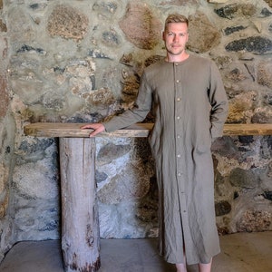 Buttoned Linen Kaftan 'Jamie', Kaftan Robe with Buttons, Button Up Man robe, Plus size Gift for man, boyfriend gift, linen pyjamas Man gifts image 2