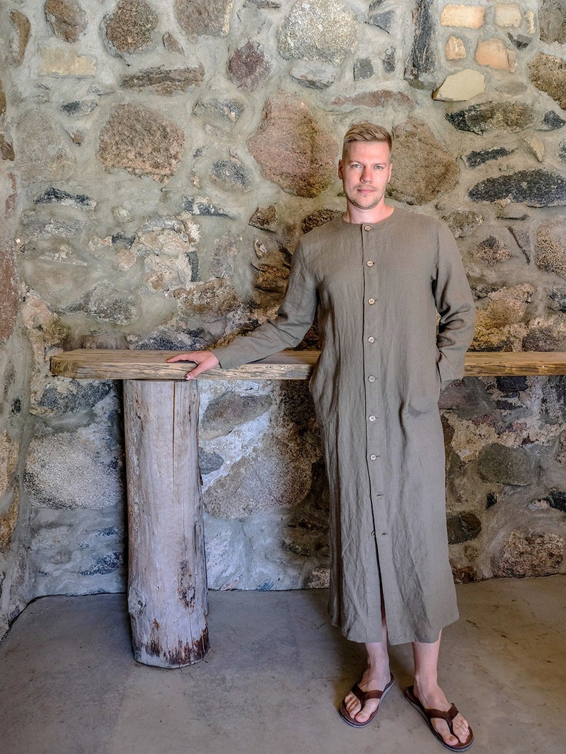 Buttoned Linen Kaftan 'Jamie', Kaftan Robe with Buttons, Button Up Man robe, Plus size Gift for man, boyfriend gift, linen pyjamas Man gifts image 2