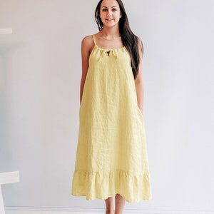Drawstring dress with Ruffle "Eleonor" Sleeveless Midi Dress, Pinafore Dress, Sundress Linen Dress for Woman, Linen Midi Dress Strap Dress