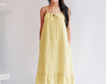 Drawstring dress with Ruffle "Eleonor" Sleeveless Midi Dress, Pinafore Dress, Sundress Linen Dress for Woman, Linen Midi Dress Strap Dress