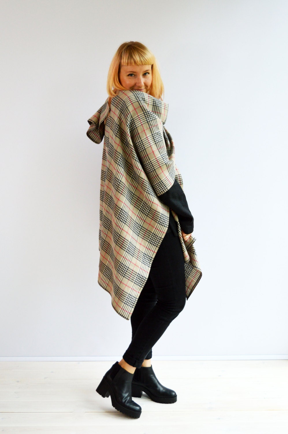 Ruana Wrap from Linen, Plaid Cape, Wrap Poncho, Classic Ruana Shawl ...