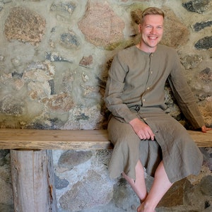 Buttoned Linen Kaftan 'Jamie', Kaftan Robe with Buttons, Button Up Man robe, Plus size Gift for man, boyfriend gift, linen pyjamas Man gifts image 4