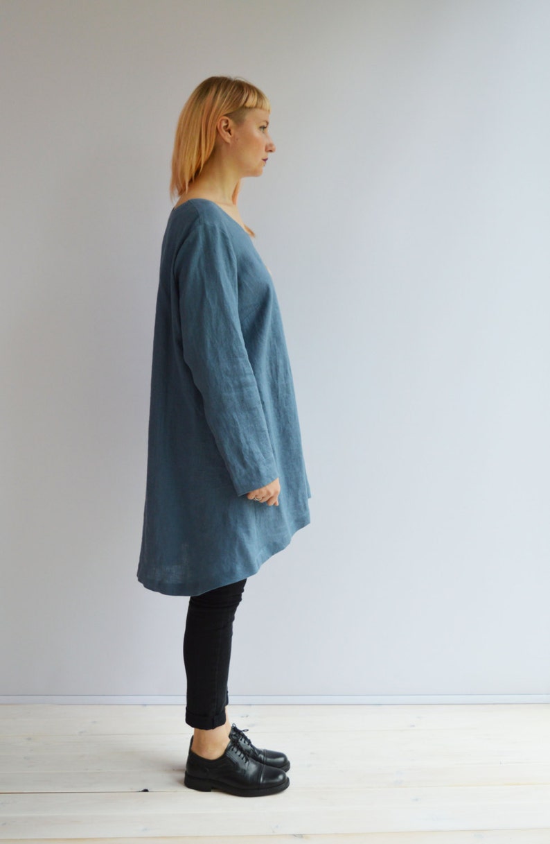 Blue Linen Tunic, Plus size tunic top, Linen Tunic for Women, Womens tunic, loose linen tunics, plus size clothing, tunic dress women linen image 3