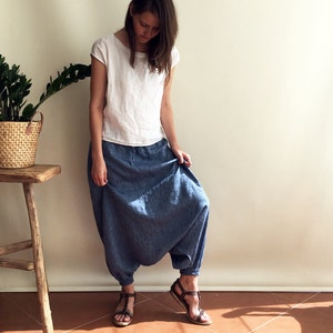 Ready to Ship: Blue Linen Harem Pants Size XS, Linen Yoga pants, Linen trousers, Baggy Pants, Women Pants, Trousers for Women, aladdin pants