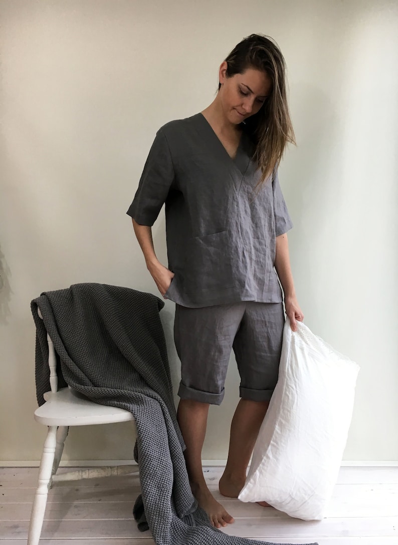 Womens pajamas, linen sleepwear, linen pajama set, pyjama linen, linen shorts women, linen lounge wear, linen womens sleepwear, linen night image 3