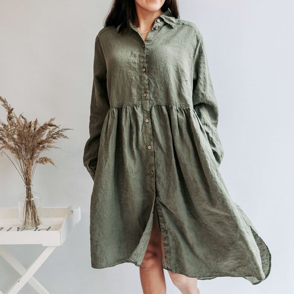 Blouse en lin « Lisa » à manches longues, robe boutonnée, robe en lin pour femme, veste longue en lin Manteau en lin Plumeau en lin Maxi lin grande taille