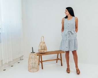 Stripped Linen Dress,"Lauren" Dress from Linen, Drop Waist Linen Dress, Linen Dresses for Women, sleeveless dress, Summer linen dress