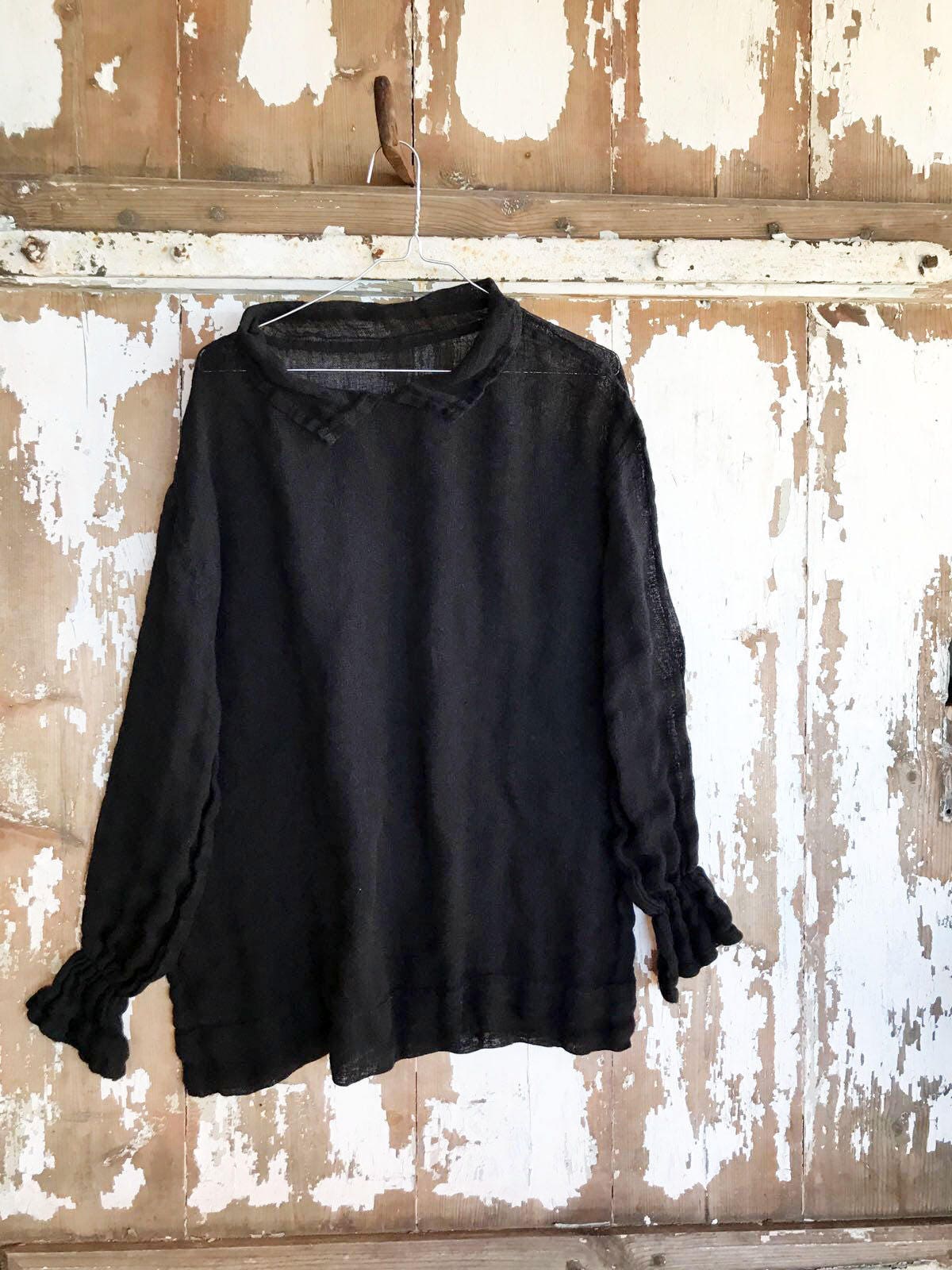 Black Gauze Top with Ruffled Cuffs, Linen Blouses For Women, Light