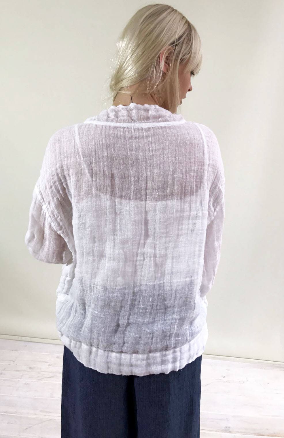 Black Gauze Top with Ruffled Cuffs, Linen Blouses For Women, Light